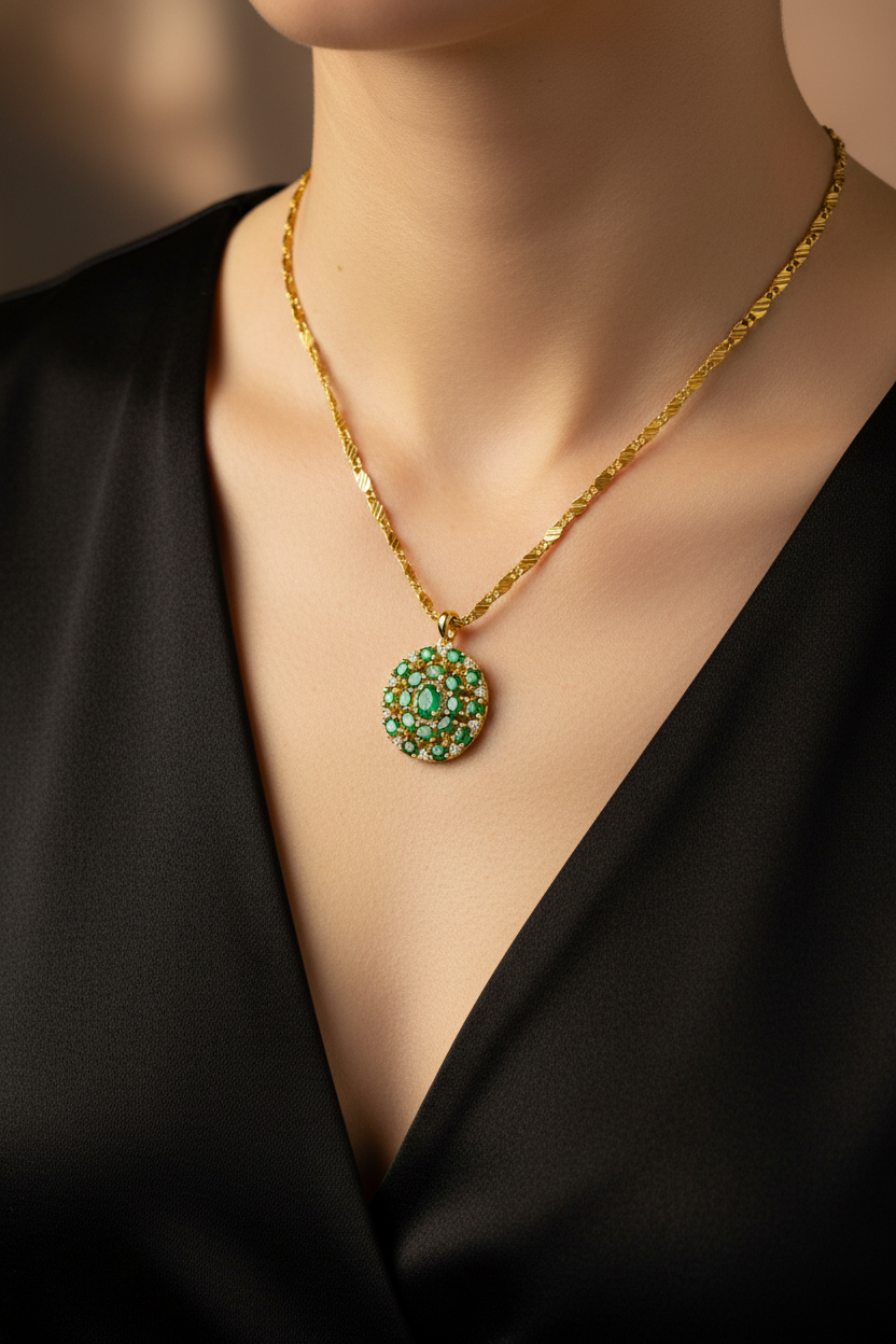 Natural Emerald Flower Cluster Pendant – 18K Gold Vermeil Sterling Silver