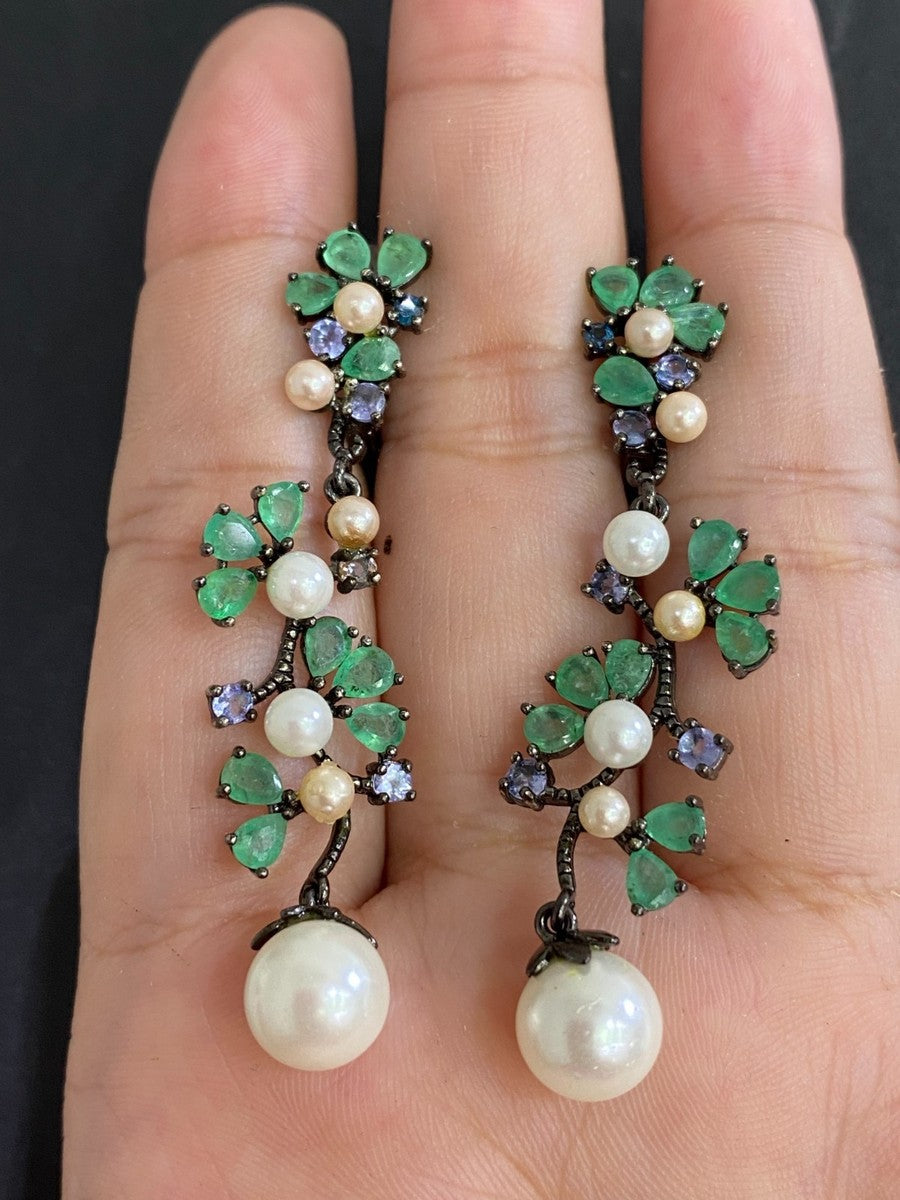 Handmade Natural Colombian Emerald, Pearl, Tanzi Set