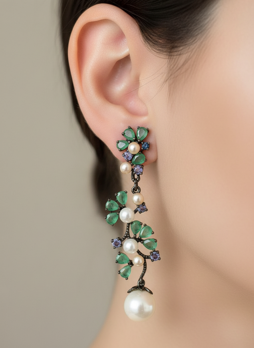 Handmade Natural Colombian Emerald, Pearl, Tanzi Set