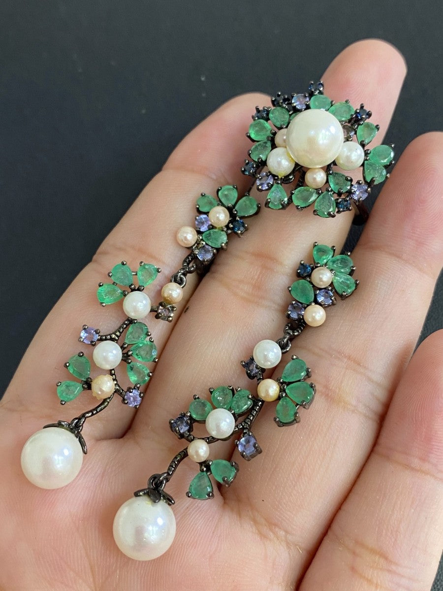 Handmade Natural Colombian Emerald, Pearl, Tanzi Set