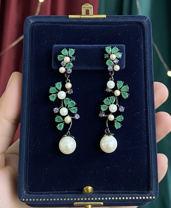 Handmade Natural Colombian Emerald, Pearl, Tanzi Set
