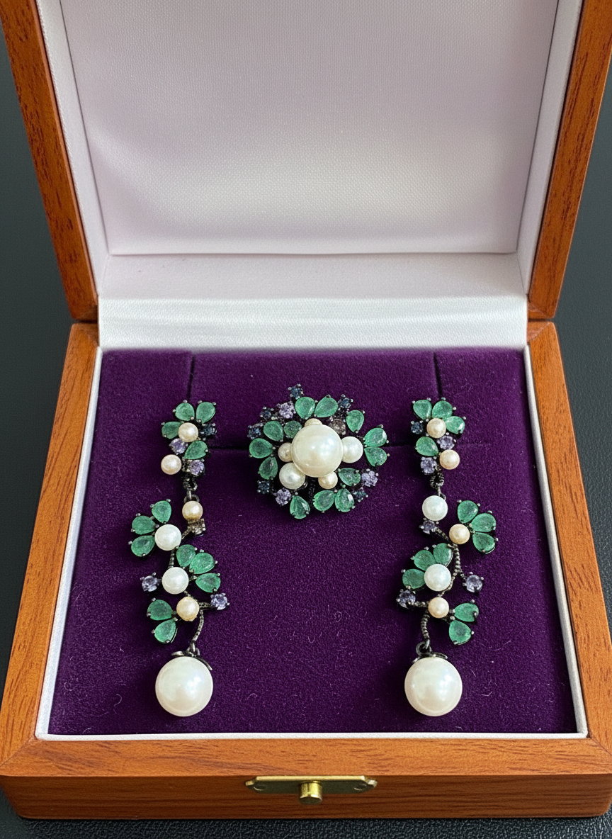 Handmade Natural Colombian Emerald, Pearl, Tanzi Set