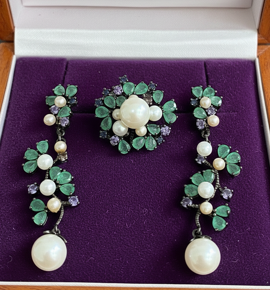 Handmade Natural Colombian Emerald, Pearl, Tanzi Set