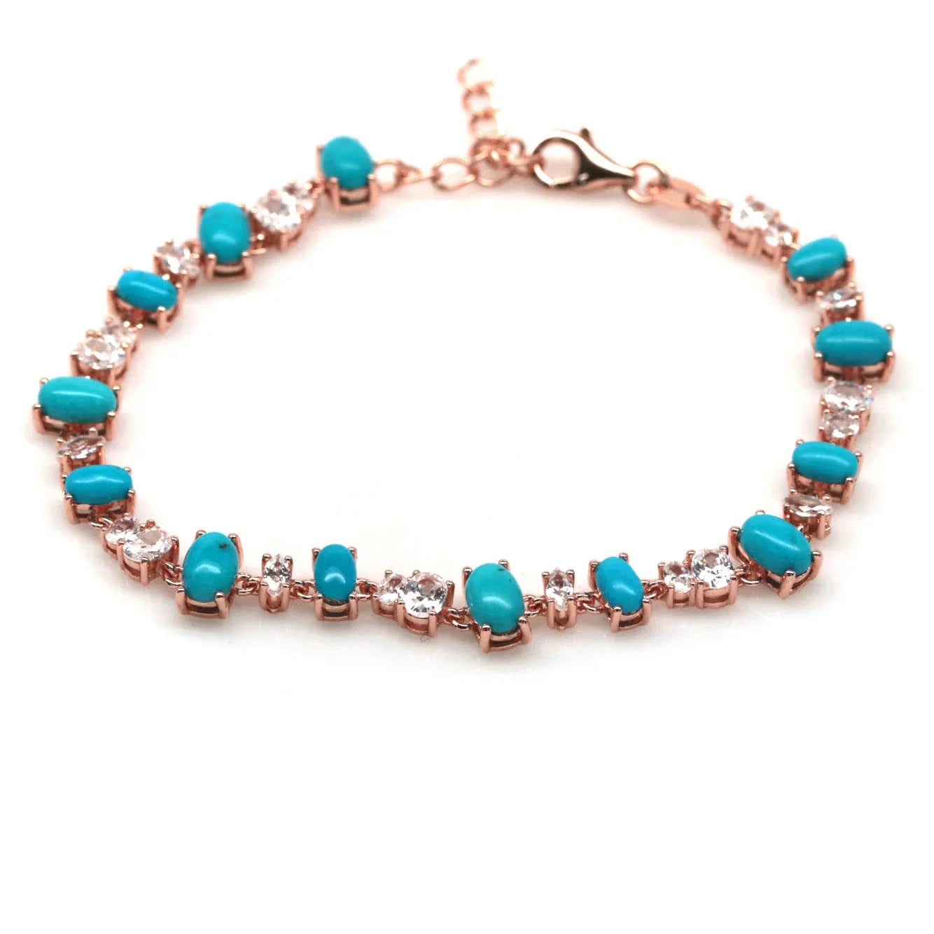 Handmade Blue Turquoise & White Zircon Bracelet 7.5 In