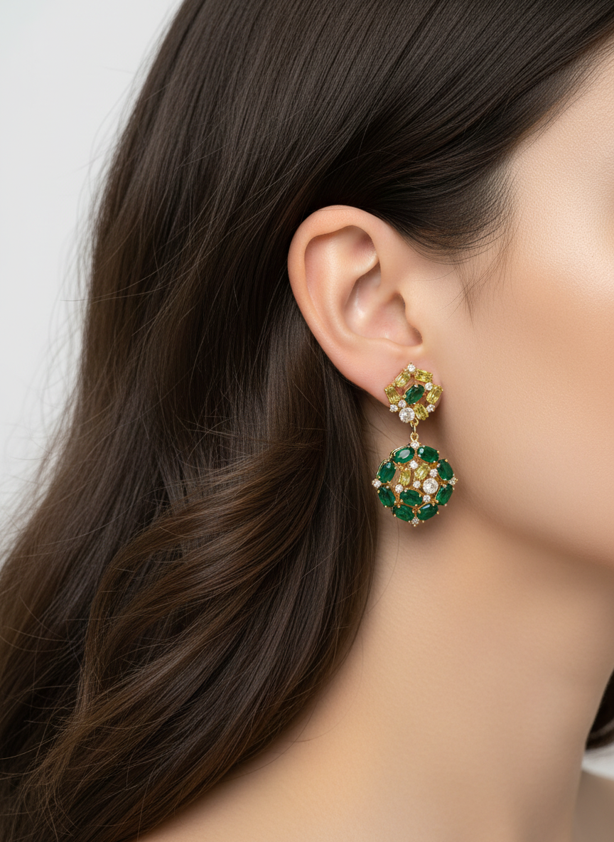 Emerald Green Agate & Peridot Gold Vermeil Cluster Earrings