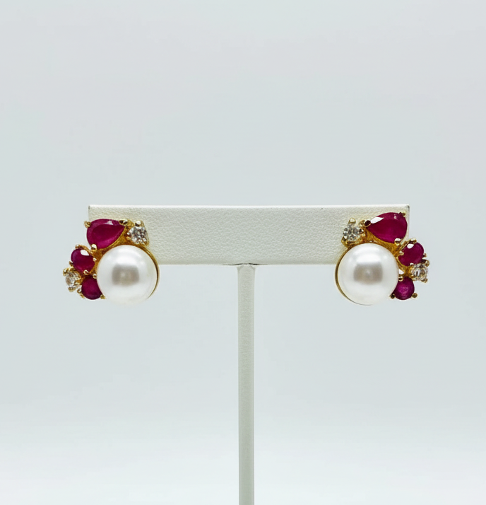 Ruby Swirl & South Sea Pearl Earrings – Asymmetrical Artistry