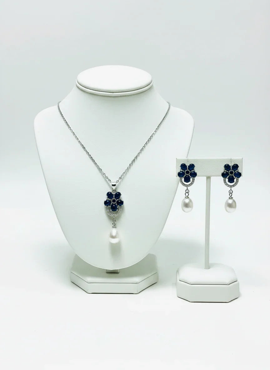 Handmade Blue Sapphire and Pearl jewelry Set- Bridal Collection