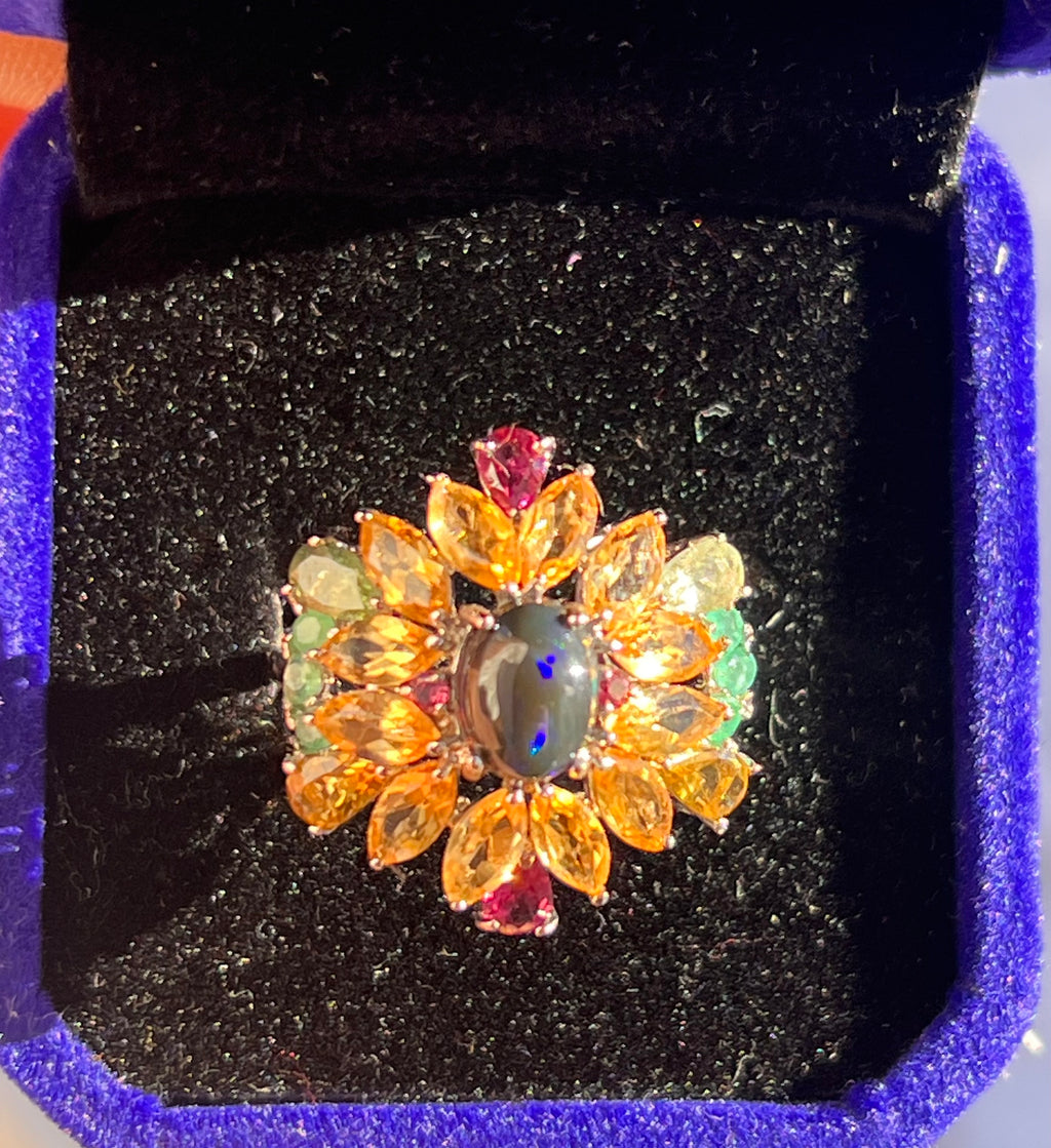 Handmade genuine Ethiopian Black Opal Rainbow Halo Statement Ring