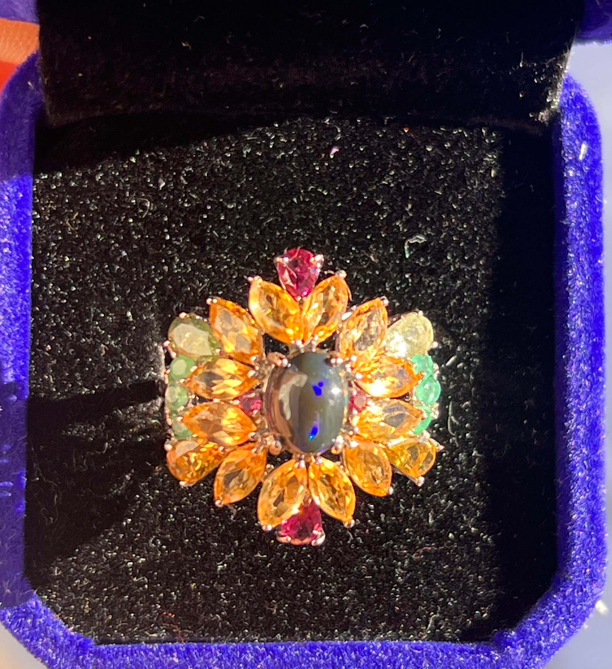 Handmade genuine Ethiopian Black Opal Rainbow Halo Statement Ring