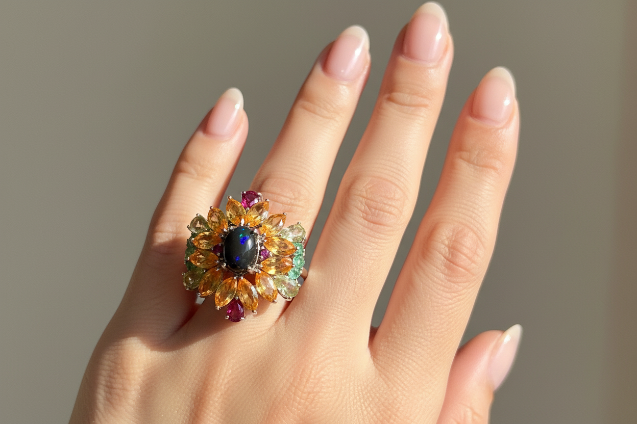 Handmade genuine Ethiopian Black Opal Rainbow Halo Statement Ring