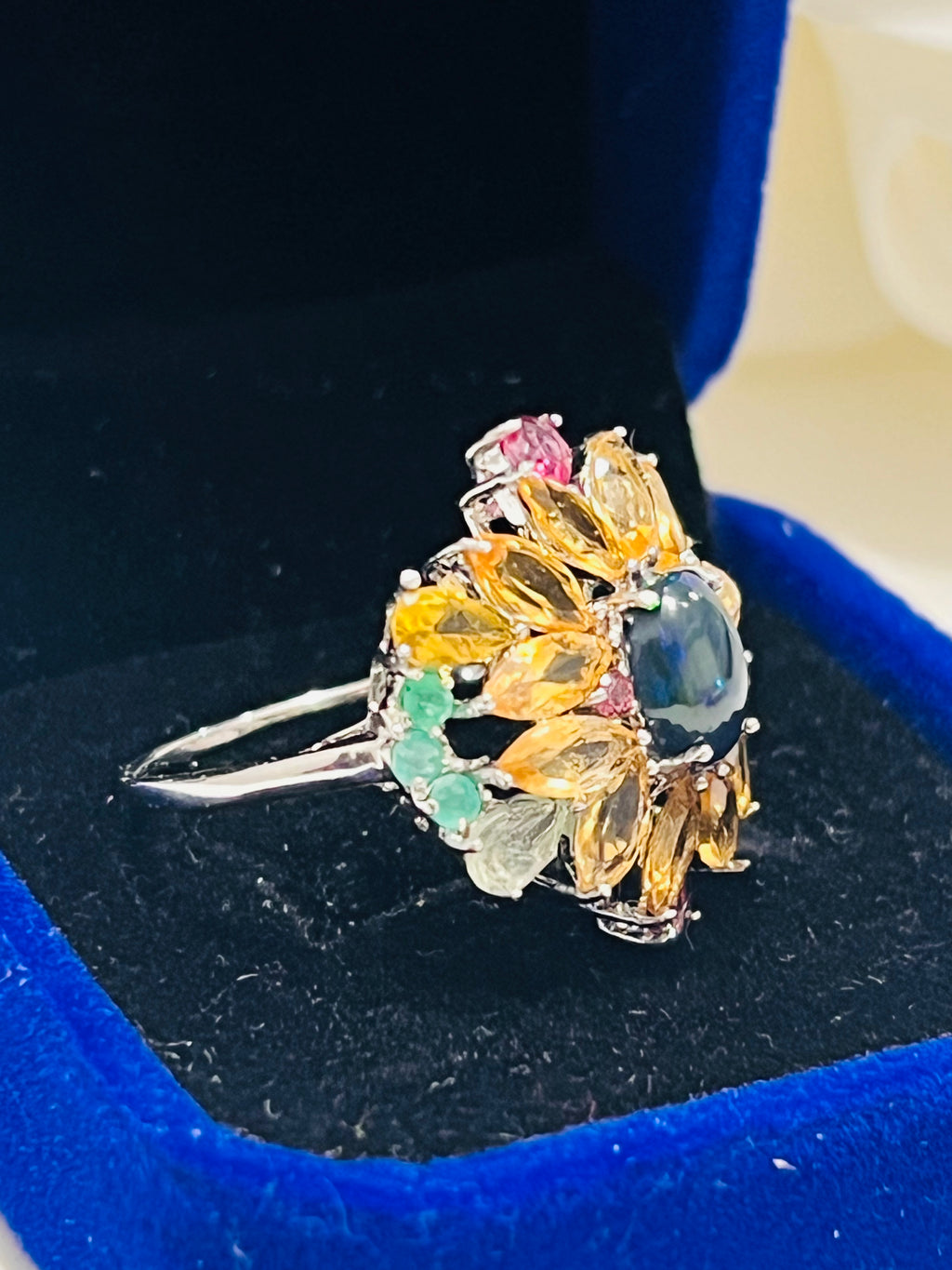 Handmade genuine Ethiopian Black Opal Rainbow Halo Statement Ring