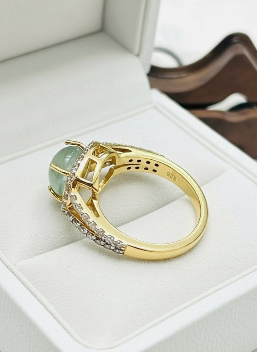Genuine prehnite and diamond ring, 14k gold plated sterling silver, showing 925 stamp in box.