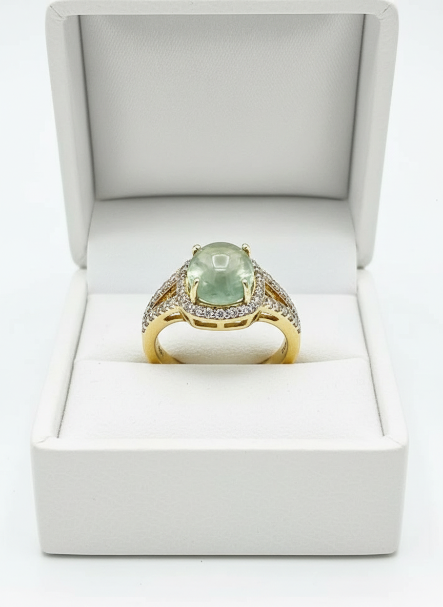 Handmade Genuine Prehnite and Diamond Ring 14k Plated Sterling Silver