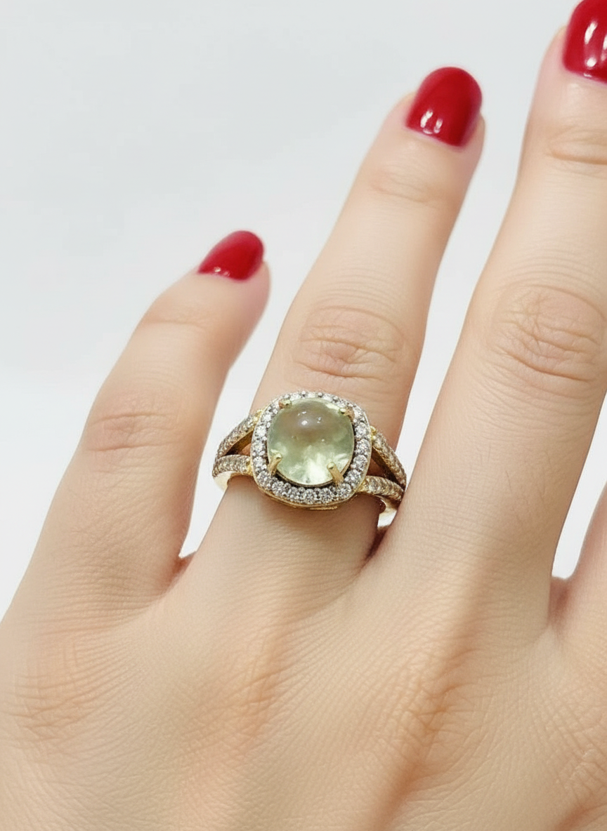 Handmade Genuine Prehnite and Diamond Ring 14k Plated Sterling Silver