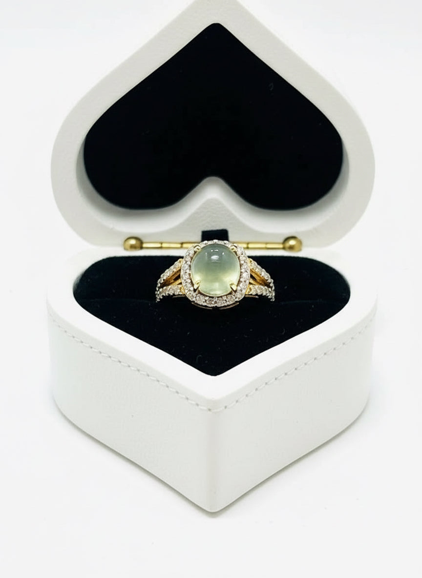 Genuine prehnite and diamond ring, 14k gold plated sterling silver, presented in a heart-shaped box.