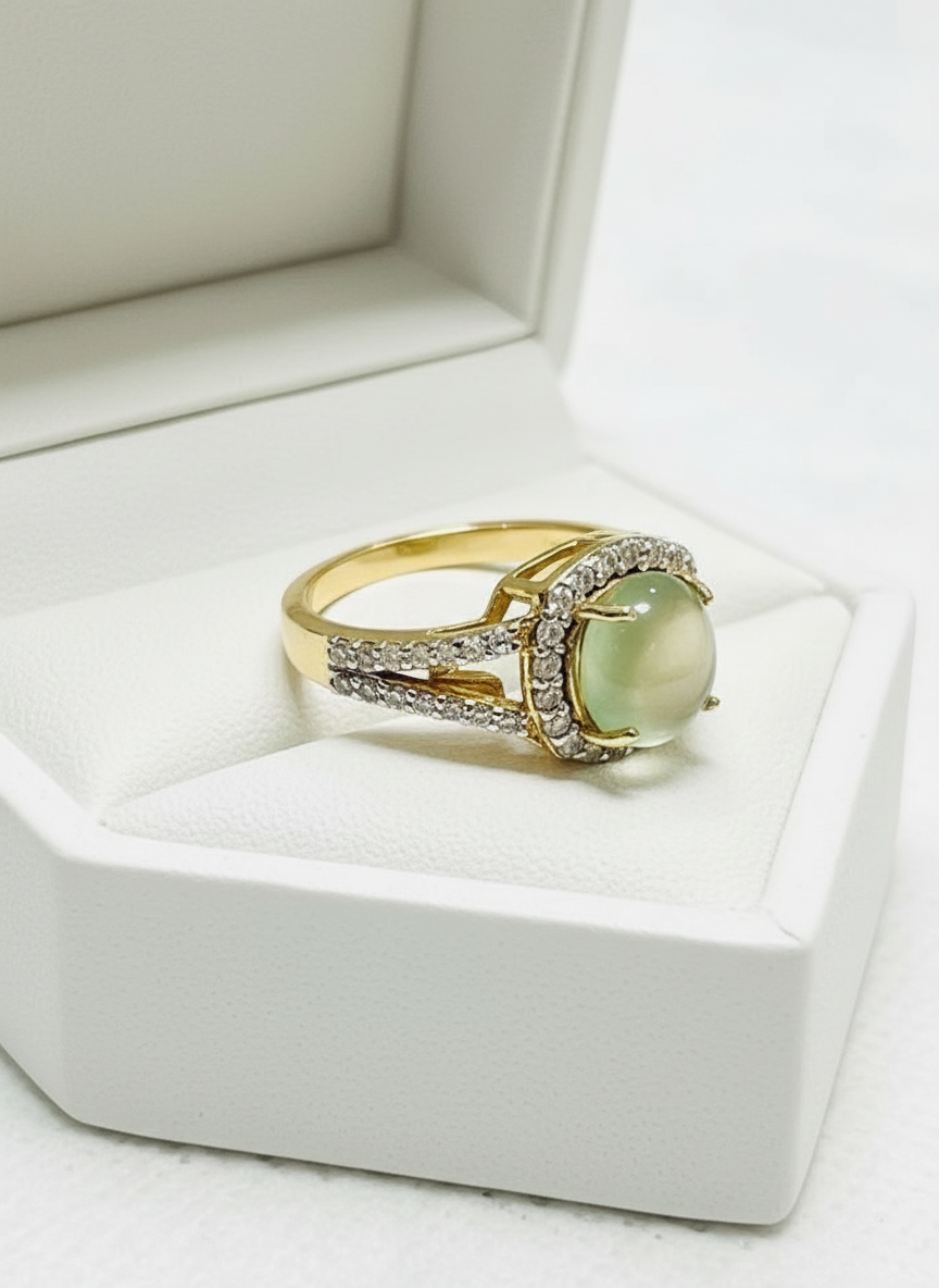 Handmade Genuine Prehnite and Diamond Ring 14k Plated Sterling Silver