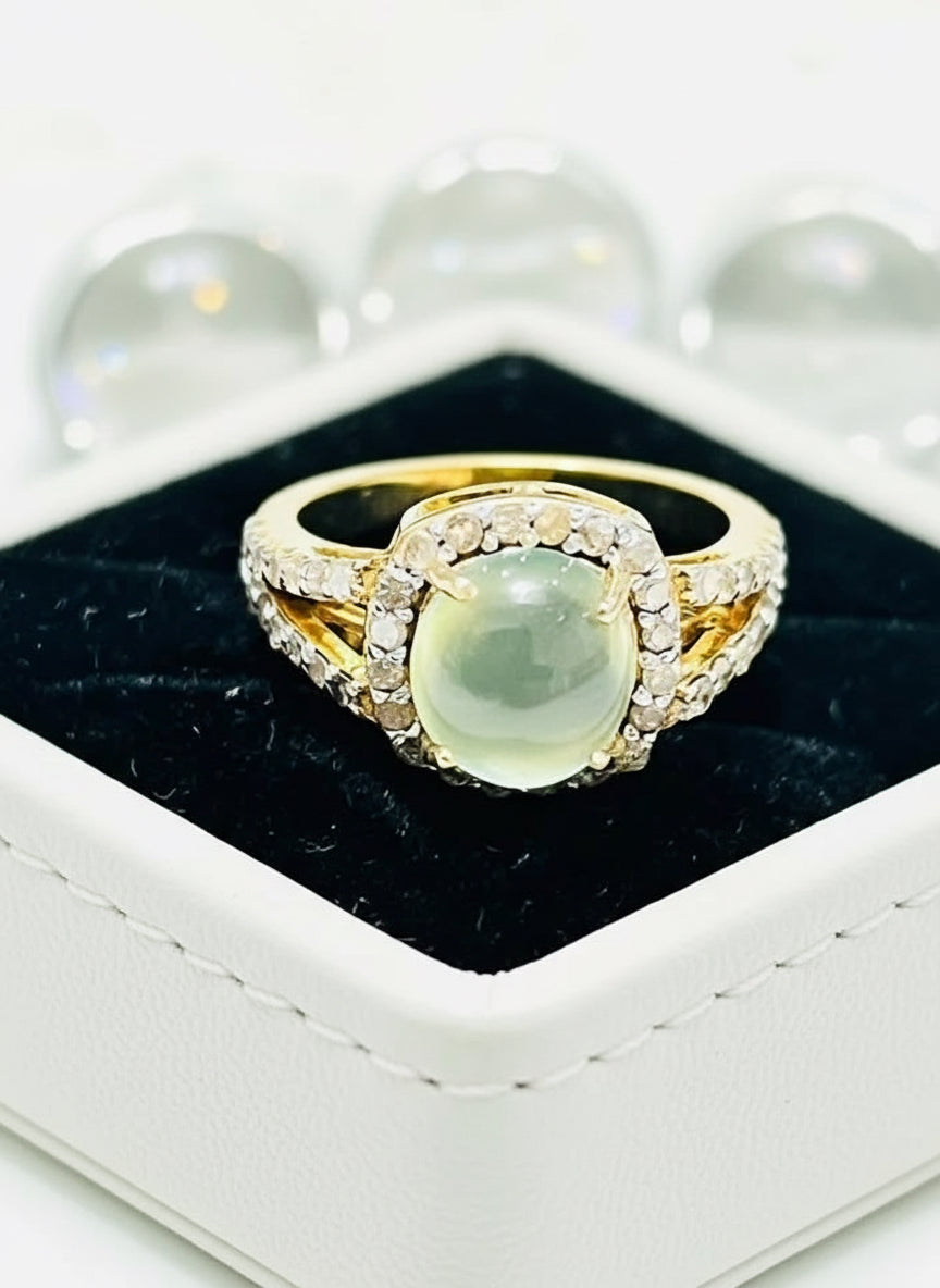 Genuine prehnite and diamond ring, 14k gold plated sterling silver, displayed in a heart-shaped wooden box.