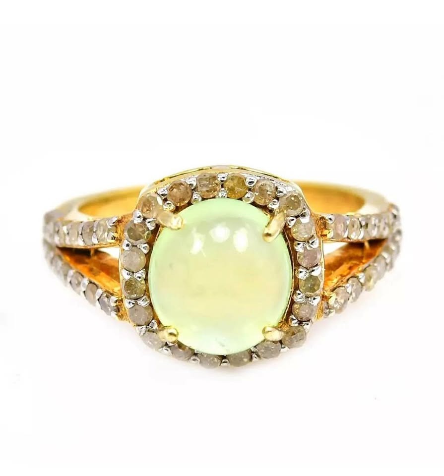 Front view of genuine prehnite and diamond ring, 14k gold plated sterling silver, on white background.