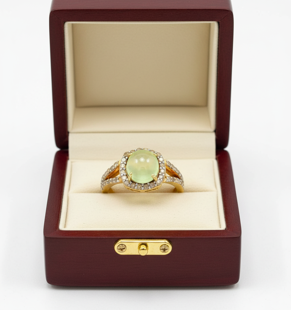 Handmade Genuine Prehnite and Diamond Ring 14k Plated Sterling Silver