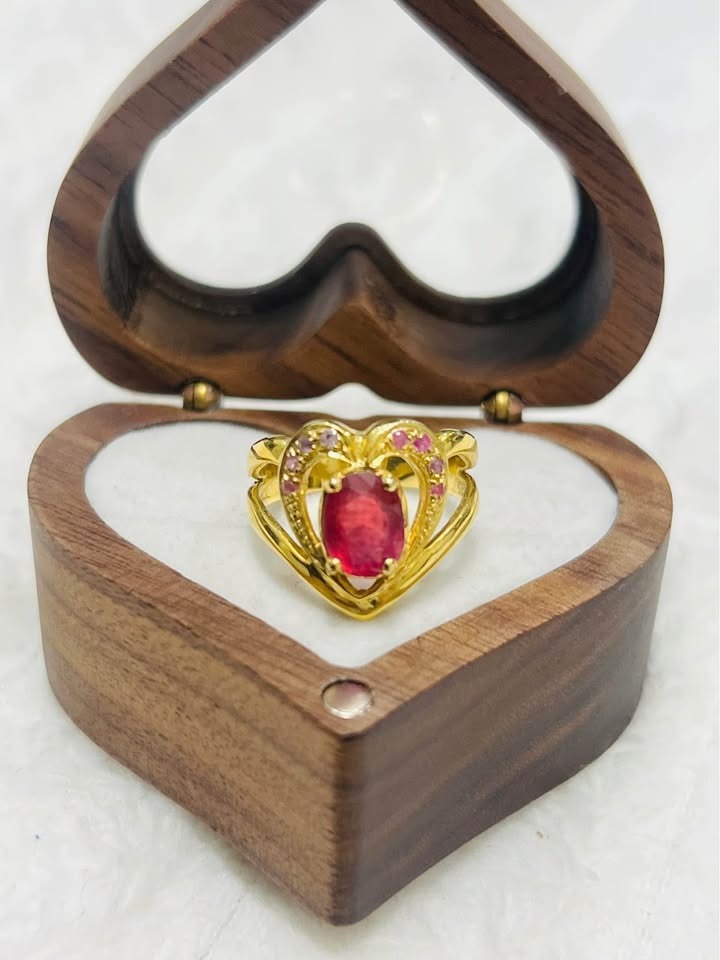 Genuine ruby heart-shaped ring in gold-plated sterling silver, displayed in a wooden heart box.