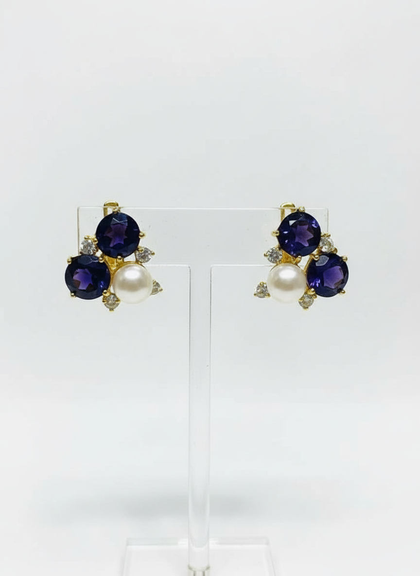 Handmade Natural Sterling Silver Amethyst and Pearl PetiteEarrings