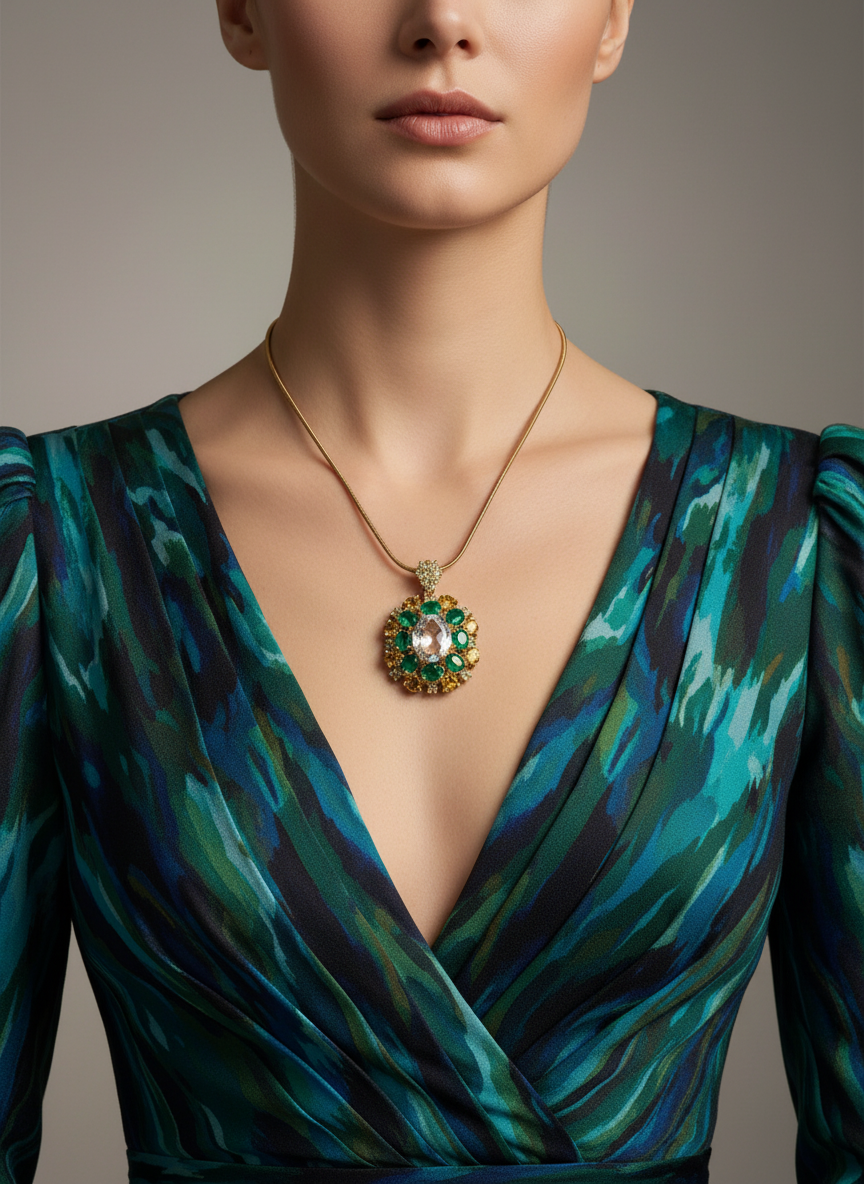 Green amethyst, Agate and sapphire pendant Necklace