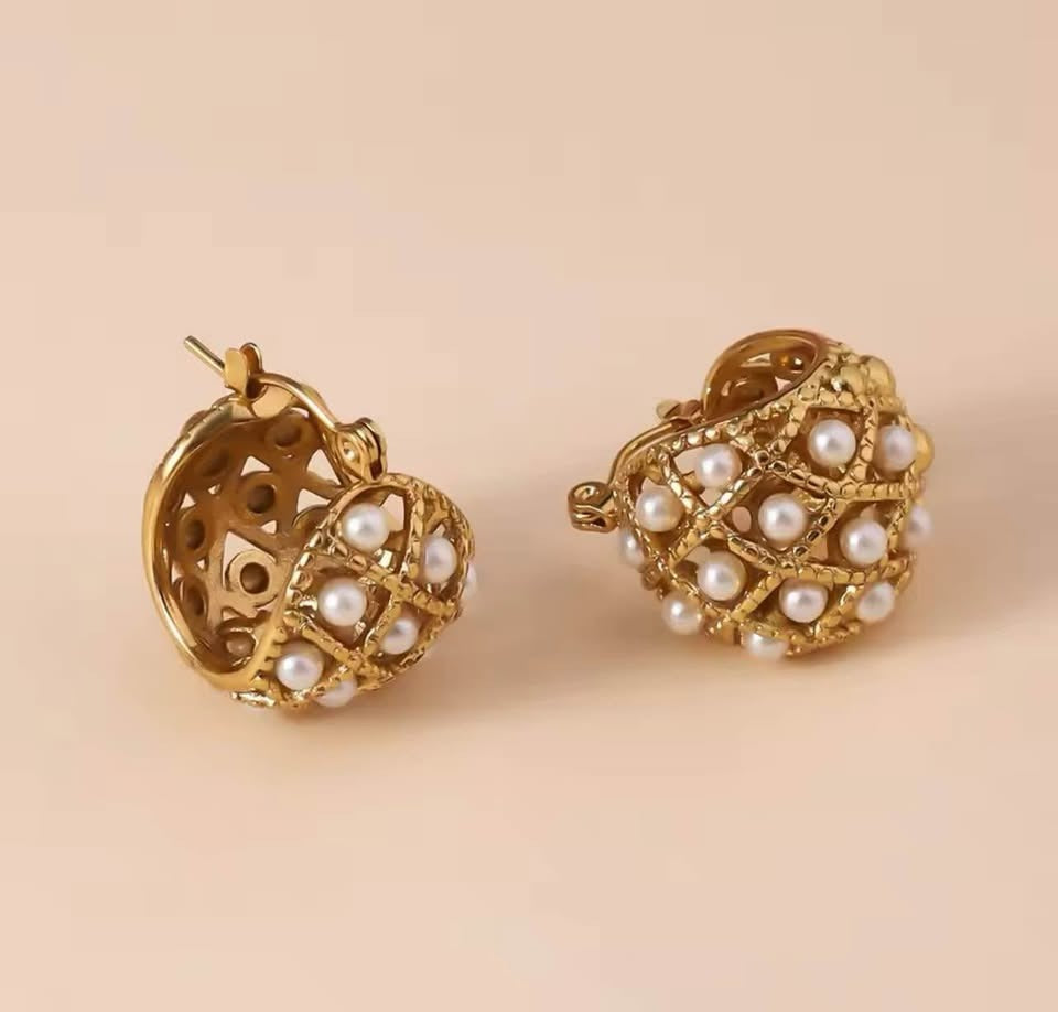 Large handcrafted 18k gold-filled hoop earrings featuring a beautiful row of delicate seed pearls.