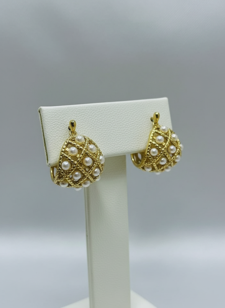Handcrafted Honey comb Hoop Earrings with Seed Pearls in 18k Gold-Filled Material