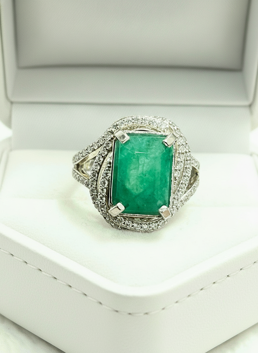 Handcrafted Emerald Ring with CZ Accents in Gold & Rhodium