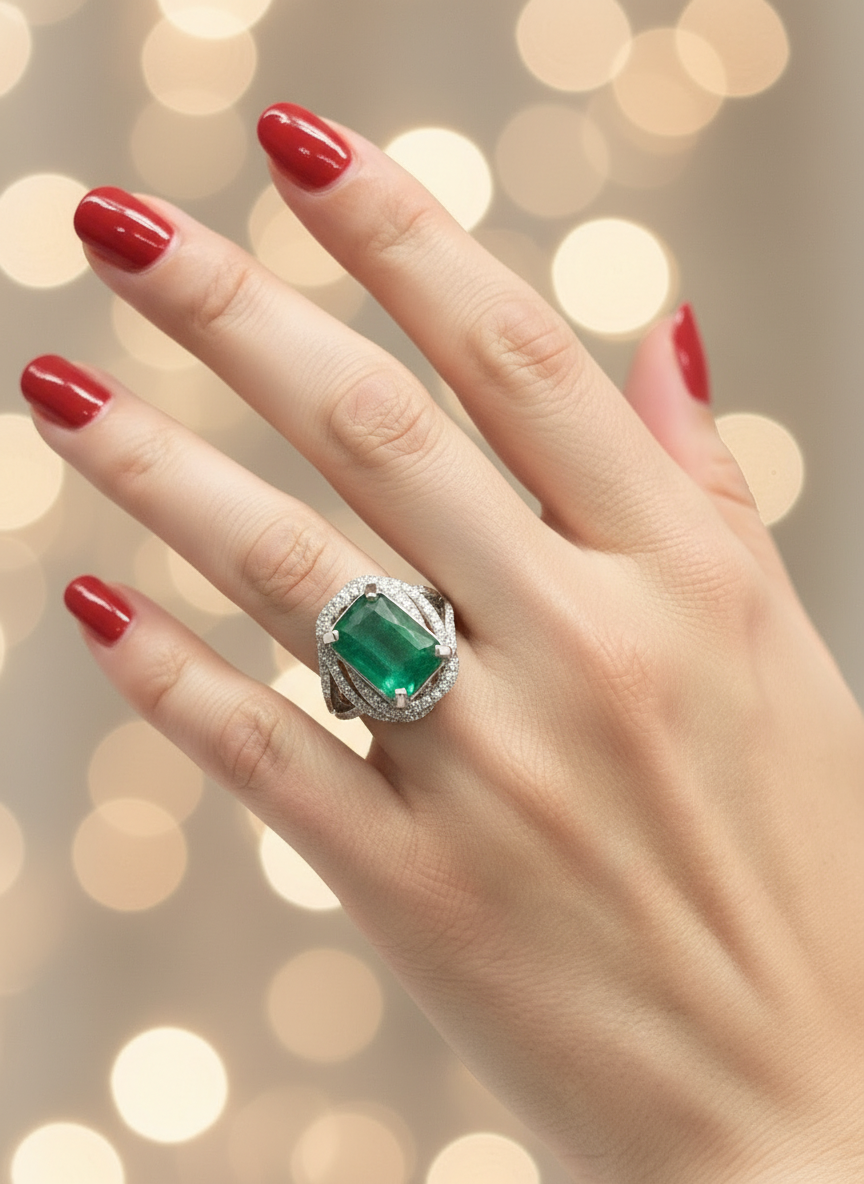 Handcrafted Emerald Ring with CZ Accents in Gold & Rhodium