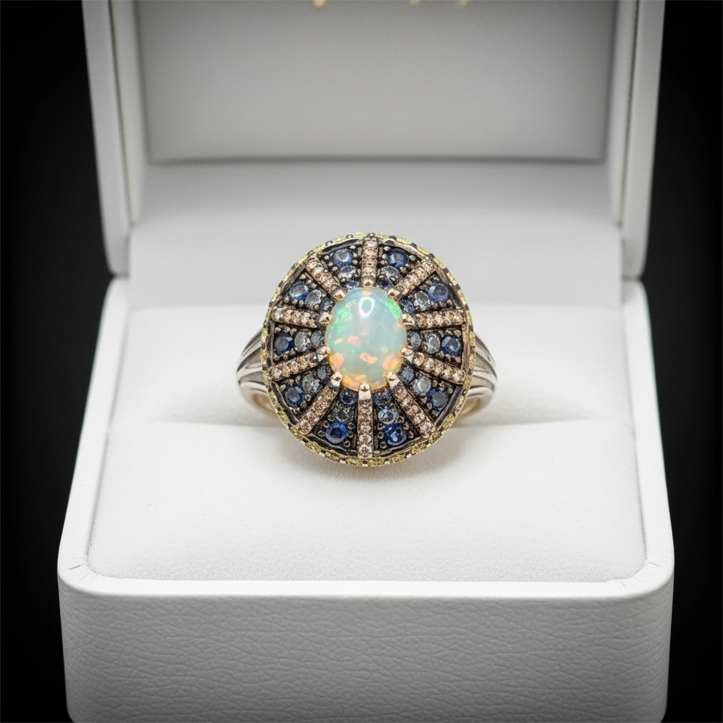 Handmade Fire Opal, Sapphires and Diamond Ring