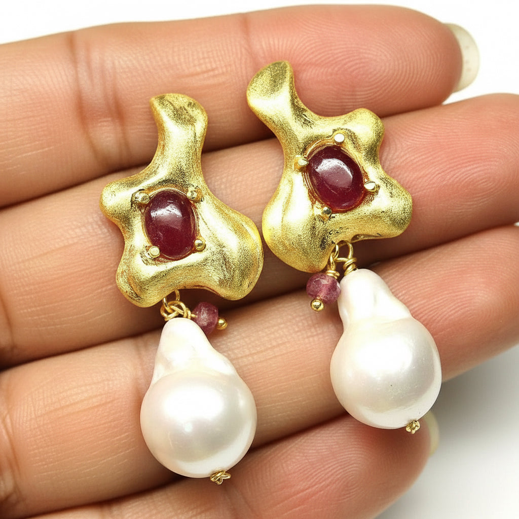 Handmade South Sea Baroque Pearl and Ruby earrings