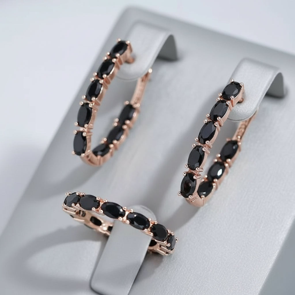 14k Rolled Gold Onyx Earrings Inside Out V-Hoop Earrings