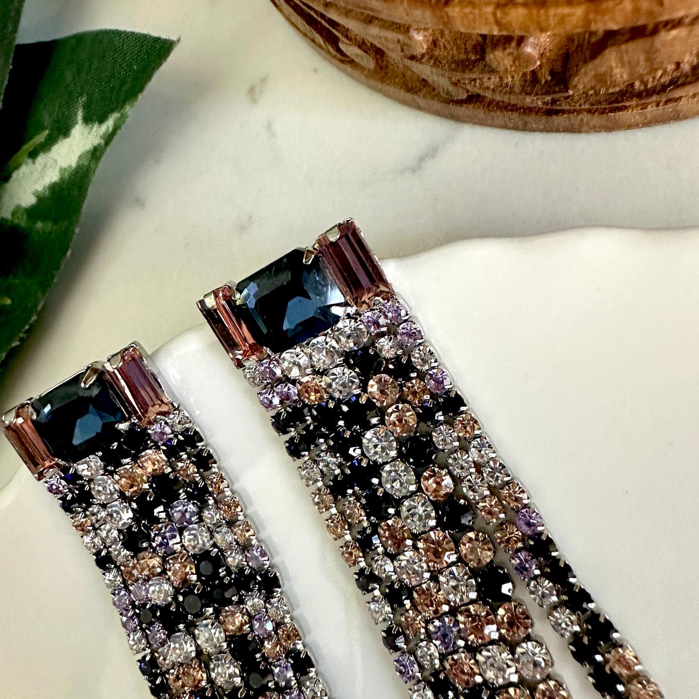 Rhinestone Navy Multicolor Tassel Earrings Art Deco Nouveau Sparkle Jewelry