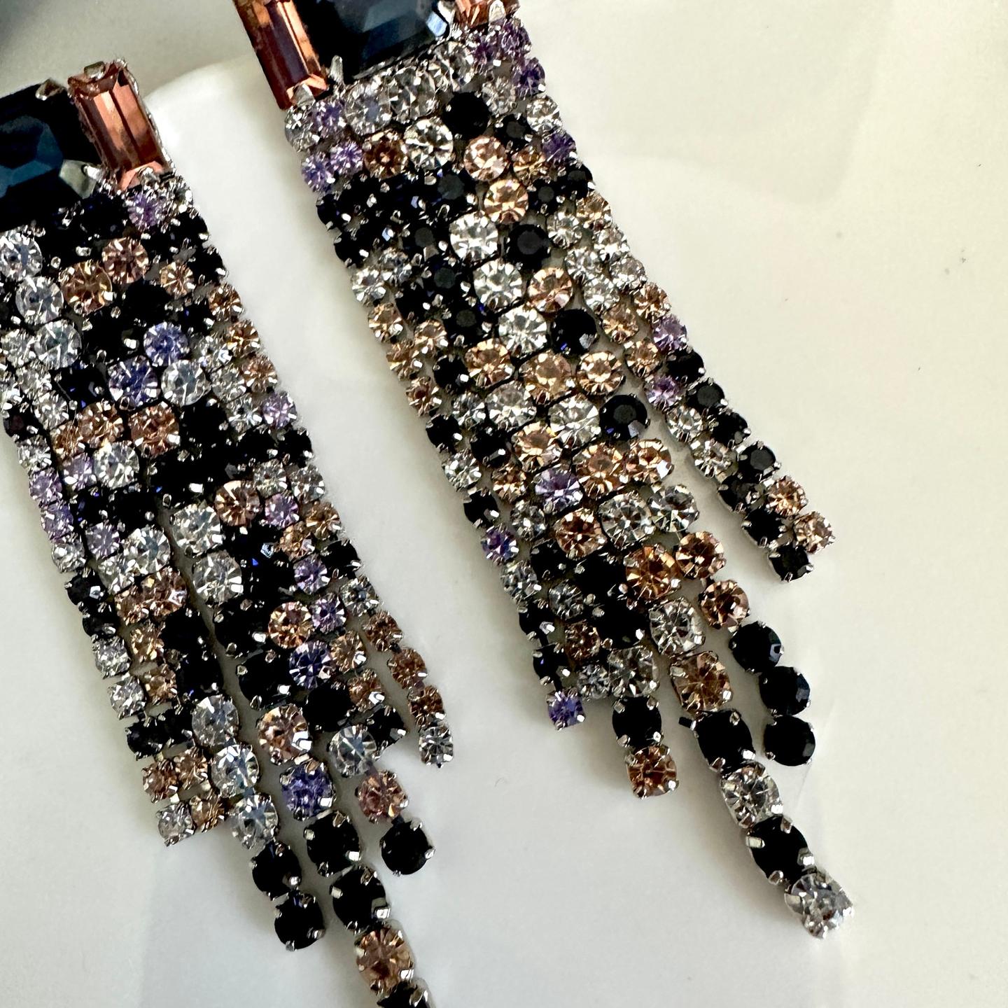 Rhinestone Navy Multicolor Tassel Earrings Art Deco Nouveau Sparkle Jewelry