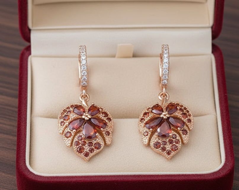 14K Rolled Gold Heart Maple Shaped Garnet Earrings