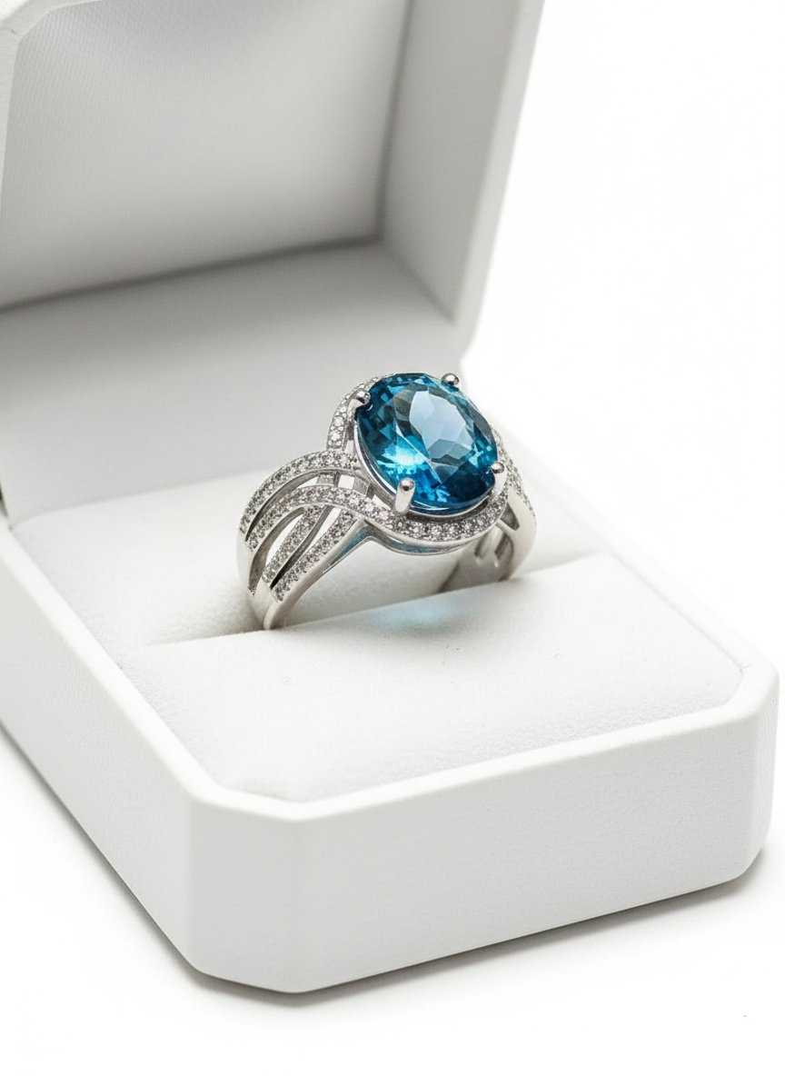 Handmade London Blue Topaz & Diamond Ring in Sterling Silver