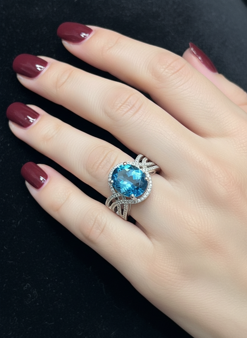 Handmade London Blue Topaz & Diamond Ring in Sterling Silver