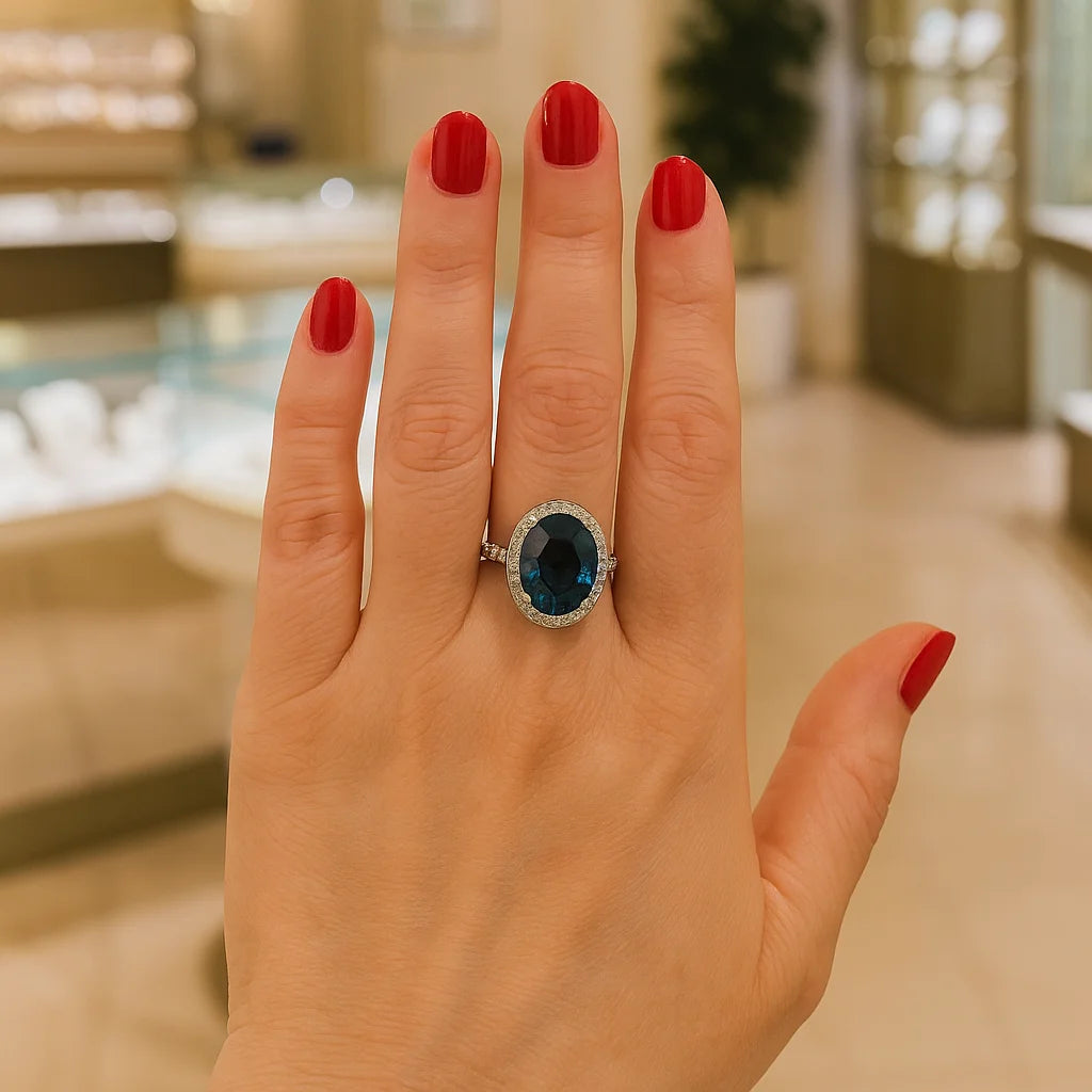 London Blue Topaz oval halo ring worn on a hand with red nail polish, showing its elegant fit and size.