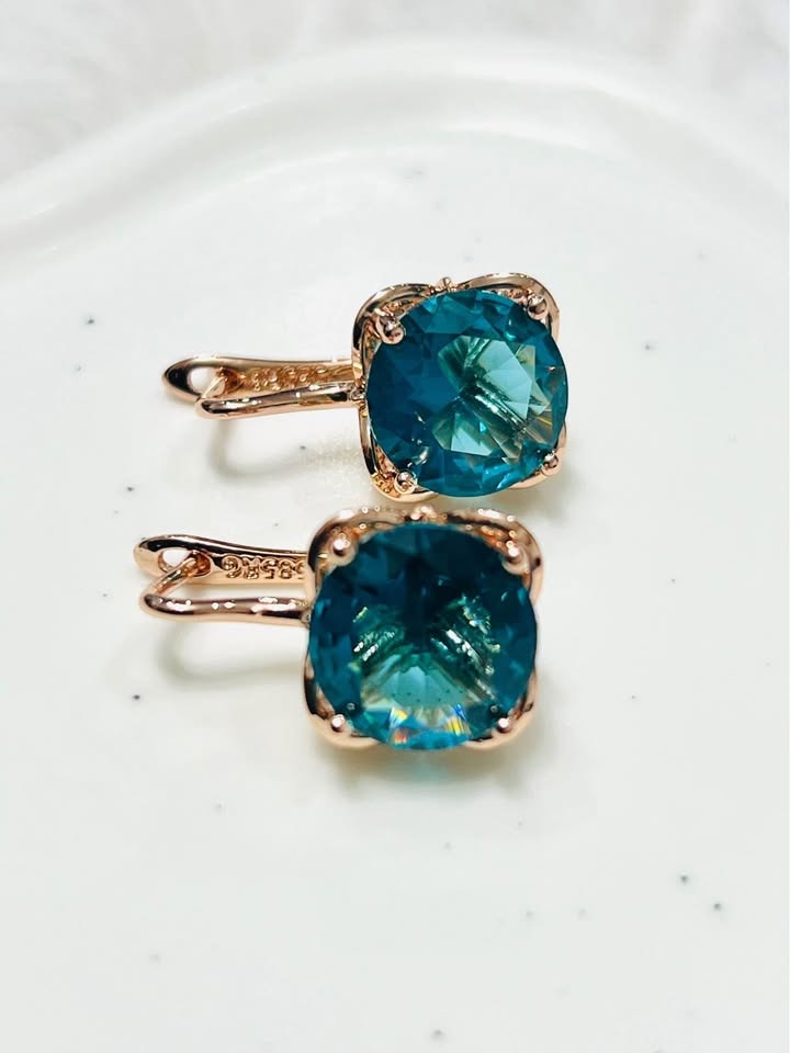 Pair of 14K rose gold earrings with square London Blue Topaz, front view, on white background