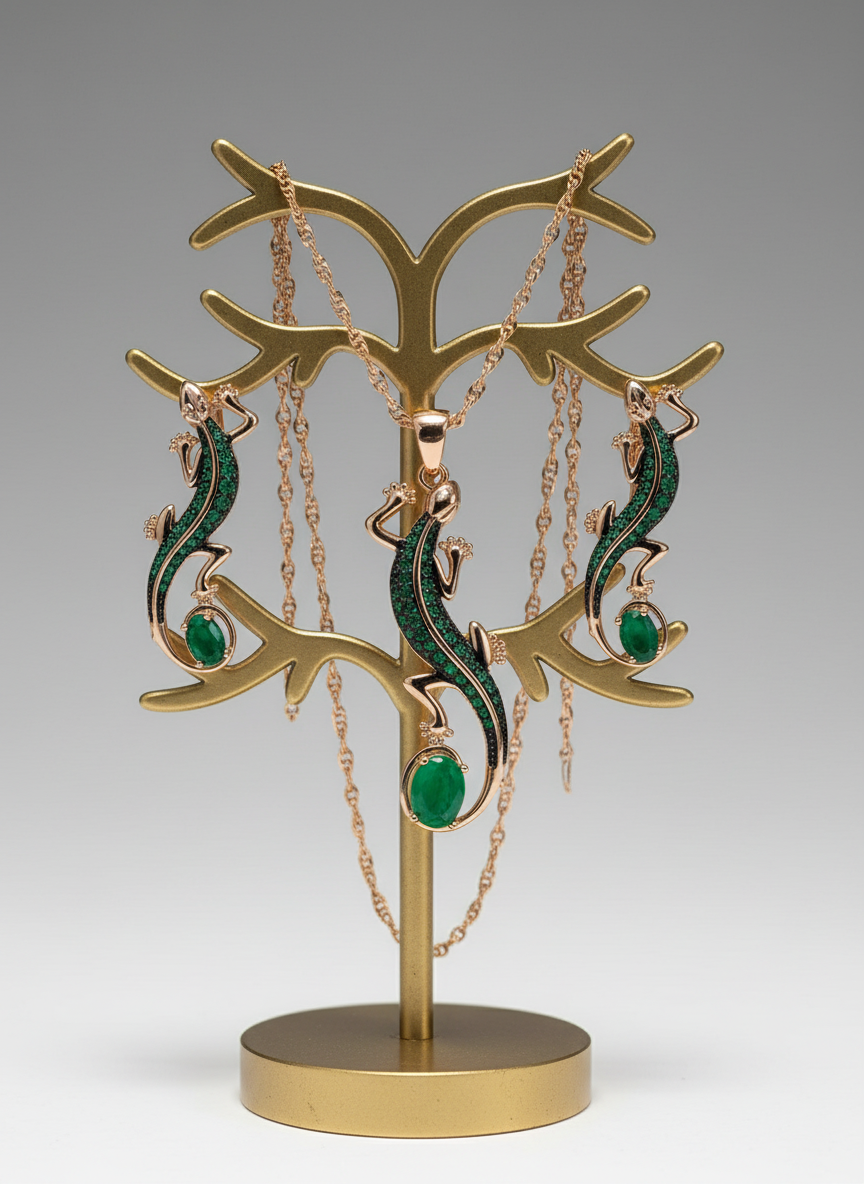 14K Rolled Gold Salamander Jewelry Set with Emerald Stones