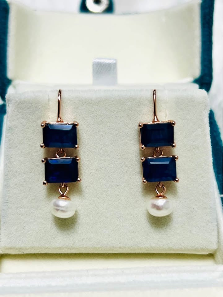 Elegant 925S silver drop earrings, each featuring two rectangular sapphires and a single pearl.