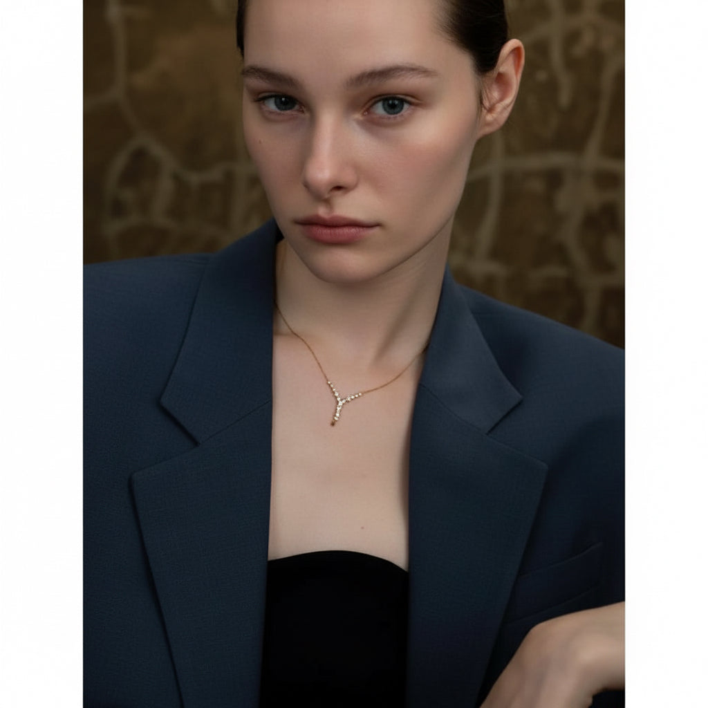 Model showcasing a shining 18k gold-filled necklace with sparkling stones, styled with a dark jacket.