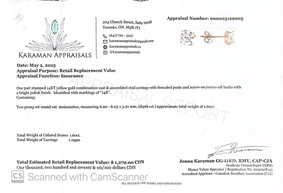 Official appraisal certificate for 14k gold Moissanite stud earrings from Karaman Appraisals, detailing specifications.