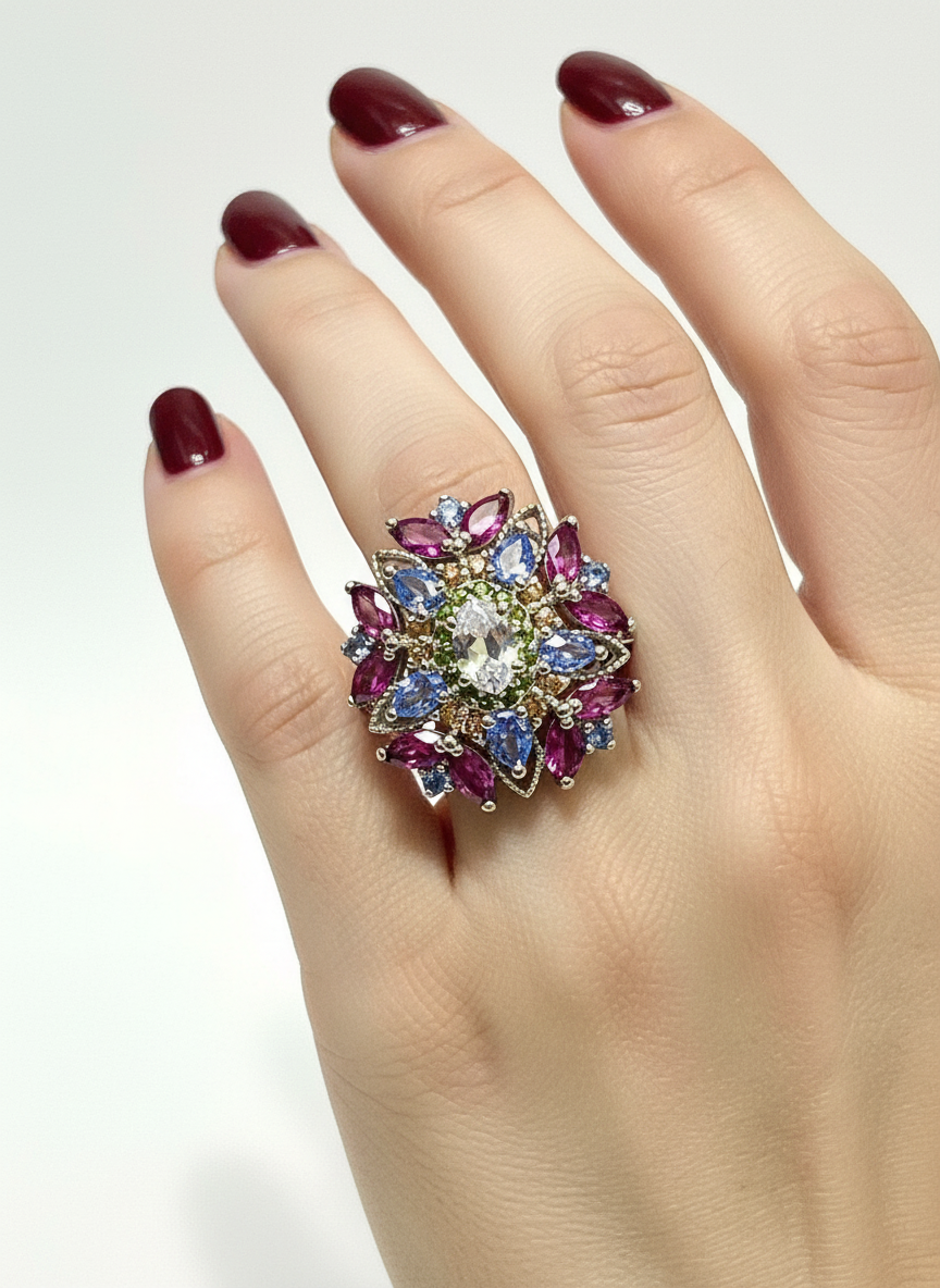 Aquamarine, Garnet & Tanzanite Floral Ring in Silver