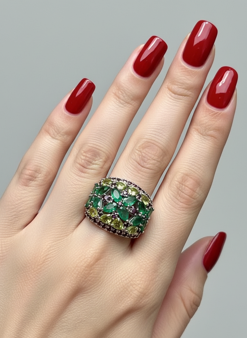 Handmade Floral Gemstone Ring in Sterling Silver with 14k Gold and Rhodium Plating