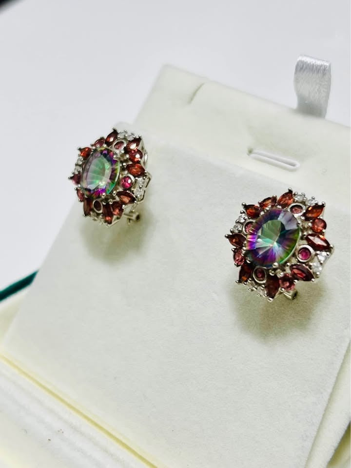  An angled view of stunning natural mystic quartz and garnet earrings, 