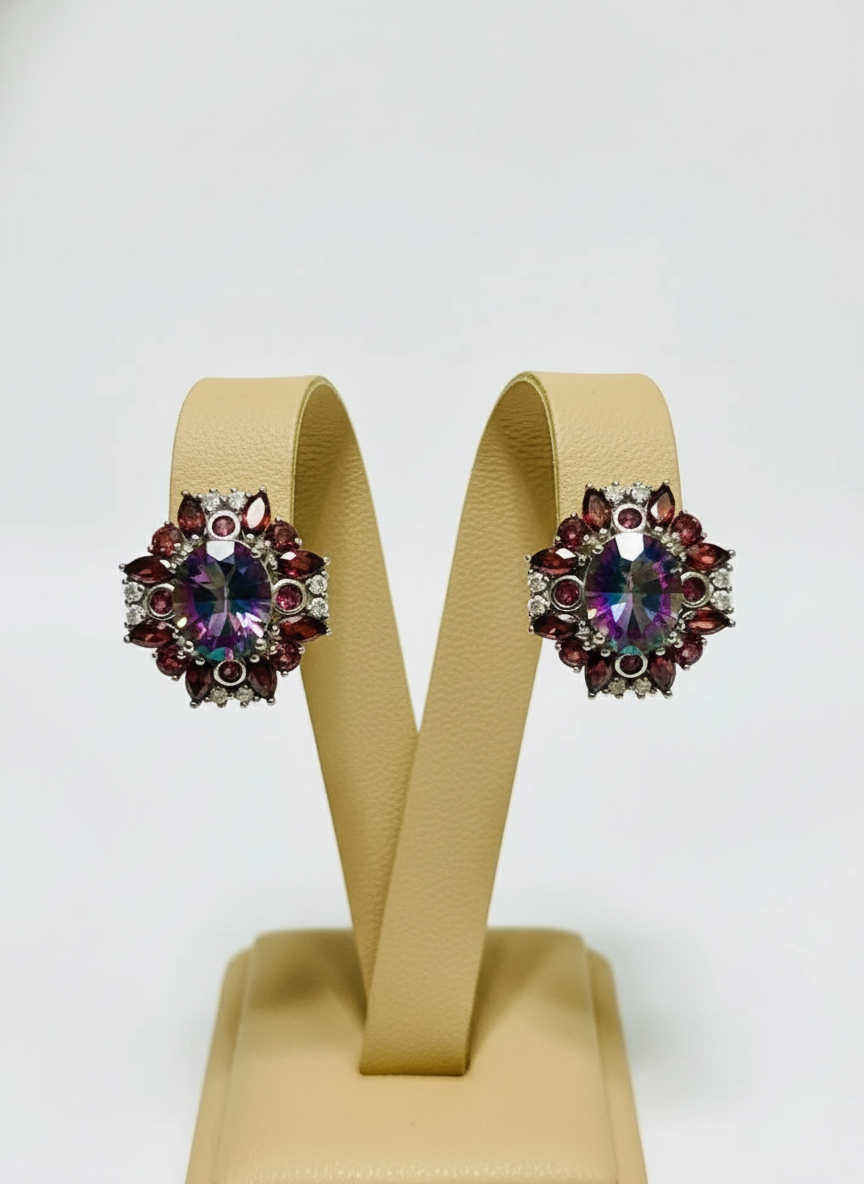 Mystic Topaz and Garnet Sterling Silver Earrings
