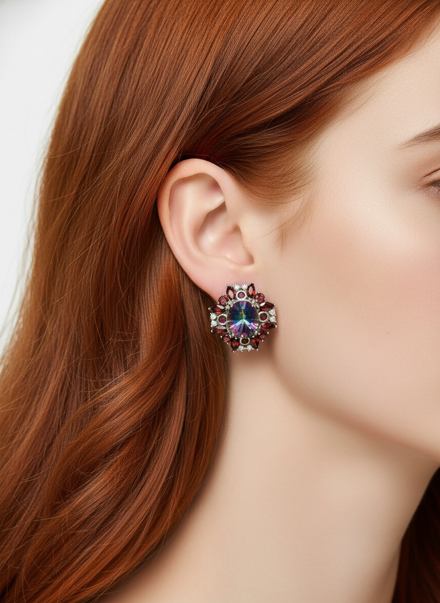 Mystic Topaz and Garnet Sterling Silver Earrings