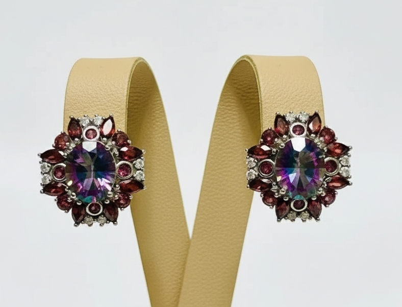 Mystic Topaz and Garnet Sterling Silver Earrings